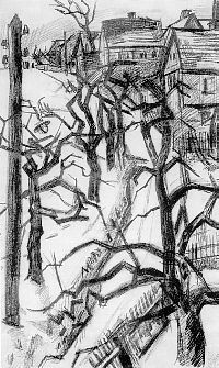 Curt Querner zum 100. Geburtstag – Die Gasse mit Leitungsmast, Graphit, 1957