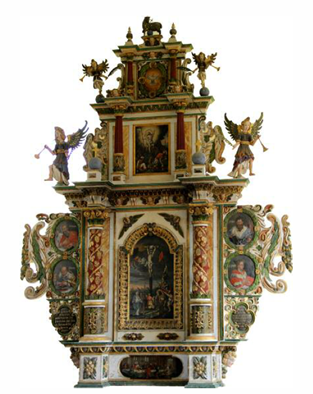 Altaraufsatz von 1691/92 in der Ev.-Luth. Kirche von Hinterhermsdorf, Breite des Sockels auf der Mensa 171,5 cm